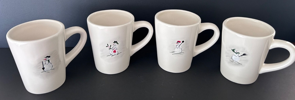 Williams Sonoma Snowman Coffee Mugs Set of 4 White Ceramic Winter Holiday